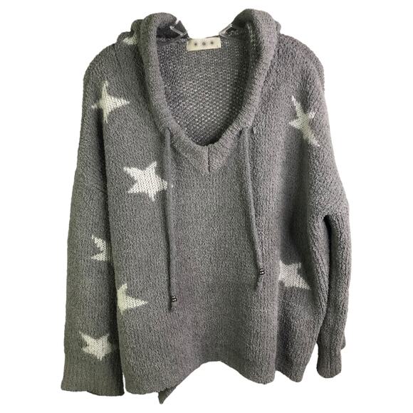 Polaris Fleece Sweater Womens Sz M Gray White Stars Hooded Long Sleeves V-Neck - Picture 1 of 8